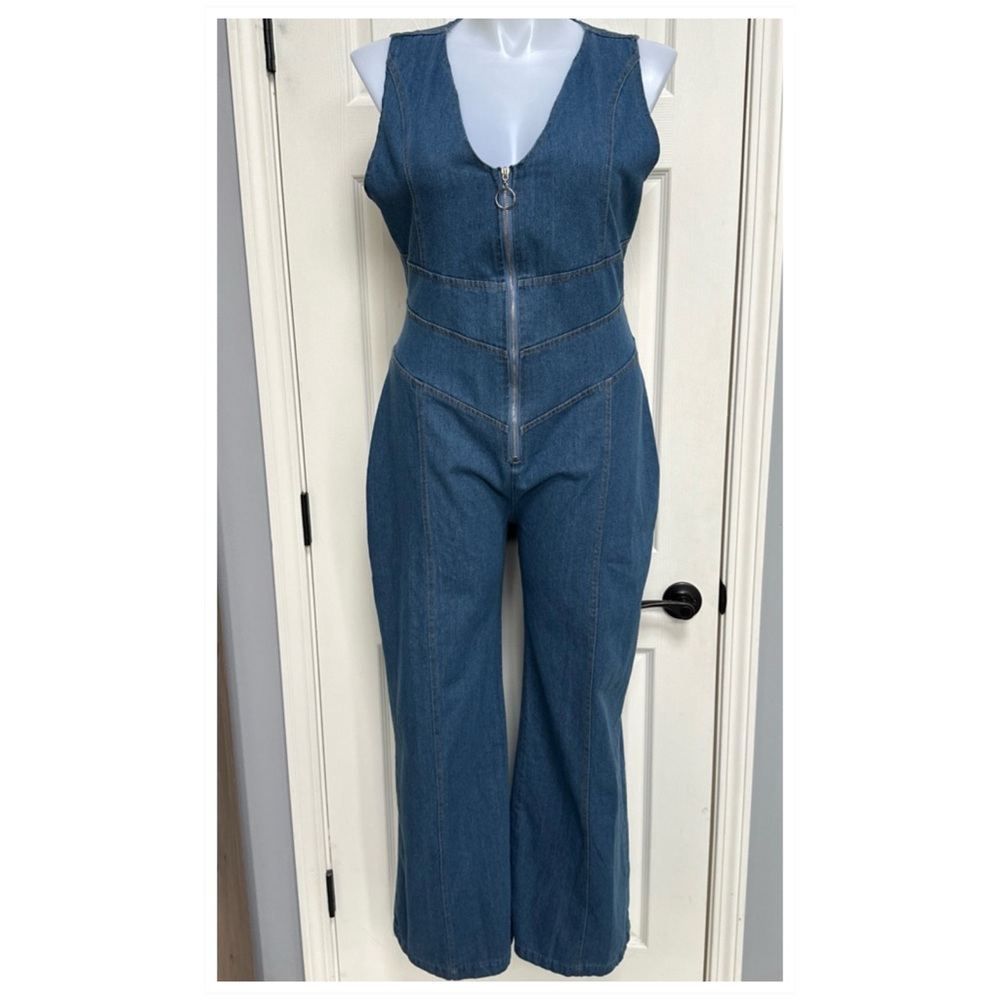 Denim Western Overalls Romper Wide Leg Jumpsuit Open HEART Back XL